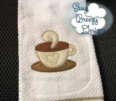 Steaming Two Tone Coffee Cup with Raggy Heart Detail - Coffee Applique Design, Coffee Cup Applique - Digital Download Files