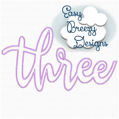 Three Applique Design, Script Three Birthday Applique Design, Raggy Applique Design - Digital Download Files