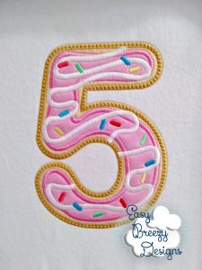 Donut Number Applique, number 5 embroidered design
