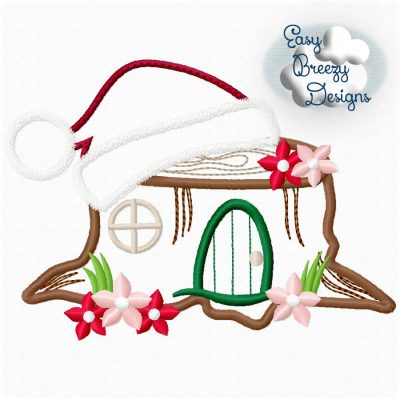 Fairy Santa House, Elf Tree Stump House Applique Design - Machine Embroidery Files - Digital Download