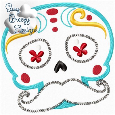 Sugar Skull with Mustache, Day of the Dead Applique Design, Dia de los Muertos Applique, Mexican Theme – Download Only – Digital File