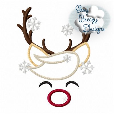 Snowy Rudolph Face Applique Design, Red Nose Reindeer - Machine Embroidery Files - Digital Download