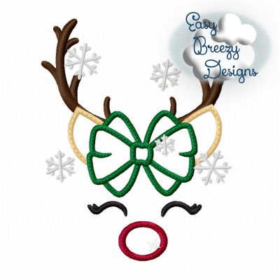 Snowy Rudolph Face Applique Design, Red Nose Reindeer Girl with Bow - Machine Embroidery Files - Digital Download