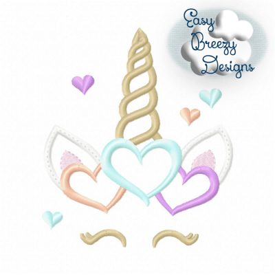 Unicorn Love Face Applique, Love & Hearts Valentine's Design - Machine Embroidery Files - Digital Download