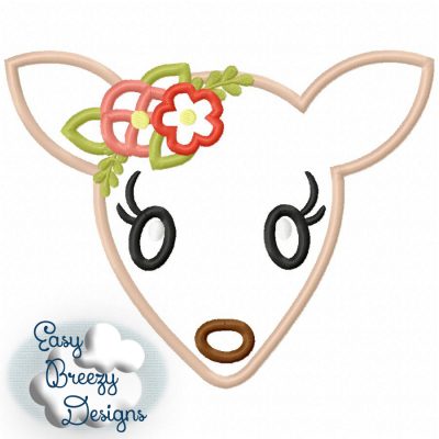 Floral Deer Face Girl Applique Embroidery Design - Machine Embroidery Files
