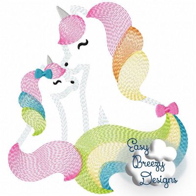 Unicorn Love Sketch Embroidery Design, Mommy & Daughter Unicorns - Machine Embroidery Files - Digital Download Only