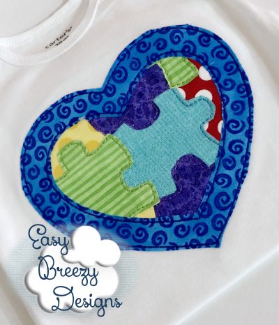Puzzle Heart, Autism Awareness Heart Raggy Applique Embroidery Design - Machine Embroidery Files - Digital Download