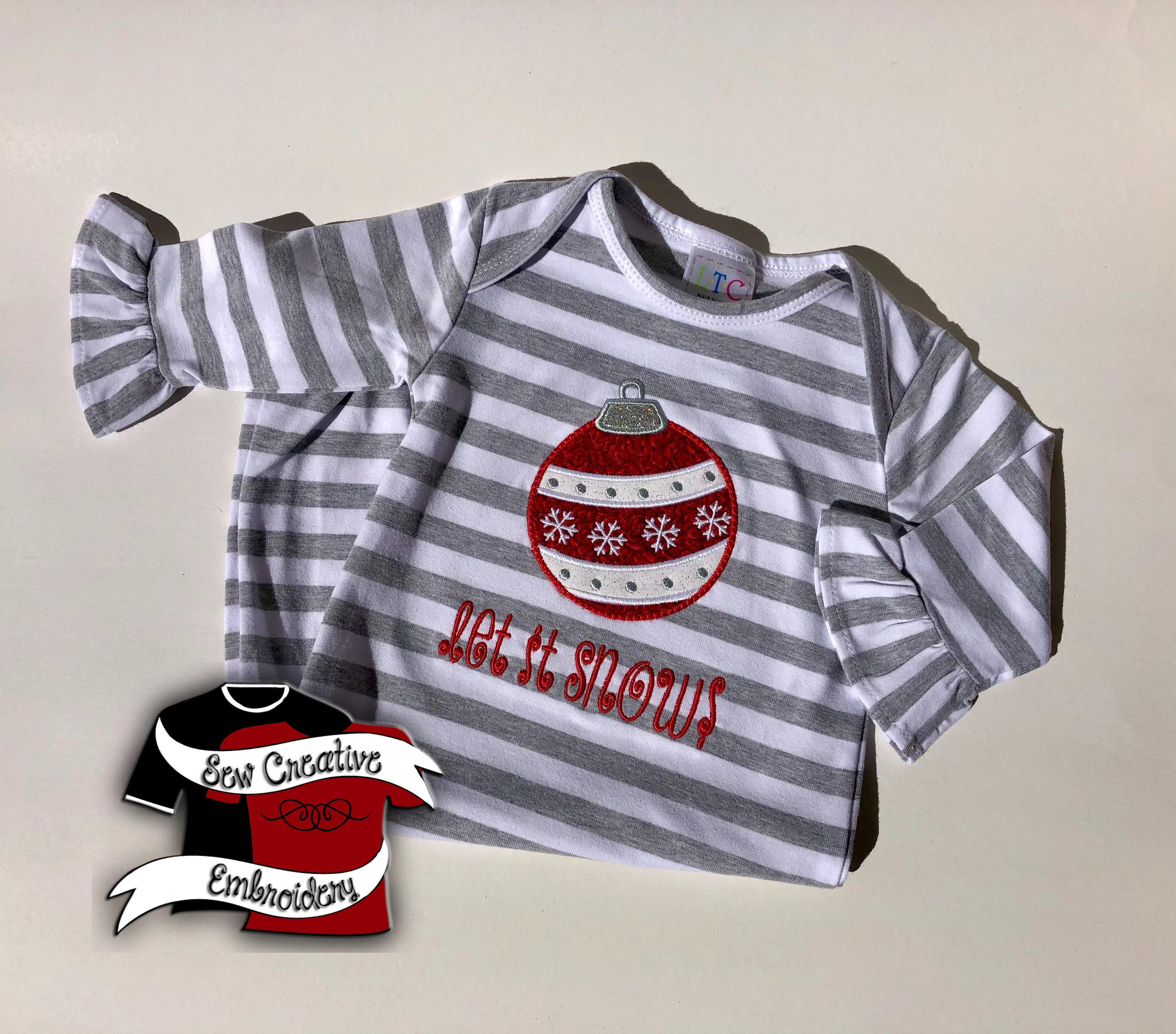 Infant Gown Christmas Pajamas in Gray Stripes, Unisex or Ruffled Sleeves